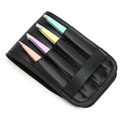 Tweezers Set 4-Piece Professional Stainless Steel Tweezers with Leather Travel Case by AUMELO - Precision Eyebrow and Splinter Ingrown Hair Removal Tweezer - MultiColor - color: Multicolor
