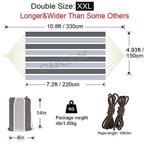 GOCAN Brazilian Double Hammock 2 Person Extra Large Canvas Cotton Hammock for Patio Porch Garden Backyard Lounging Outdoor and Indoor (Gray Stripe) - color: Gray Stripe