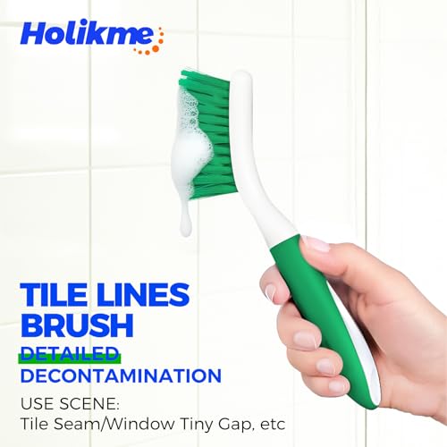 Holikme Cleaning Brush Set for Household Use, Scrub Brush, Kitchen Brush, Tile Lines Brush for Bathroom, Floor, Tub, Shower and Kitchen Surface (Green)