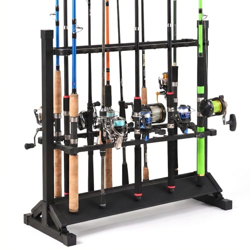 24-Rod Aluminum Fishing Rod/Pole Holder, Rustproof Fishing Rod Rack with 360° Lockable Wheels, Multi-Functional Storage Organizer for Garage & Home, Fits Most Rods & Golf Clubs (Black)