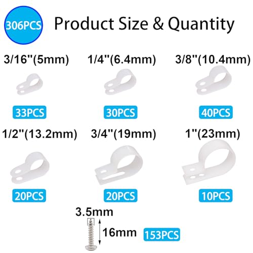 TWTADE 306PCS White Cable Clamps Assortment Kit, Nylon Plastic R-Type 6 Sizes 3/16'' 1/4'' 3/8'' 1/2'' 3/4'' 1'' Cable Mounting Wire Clips Fastener with Screws for Wire Management - color: White-306PCS