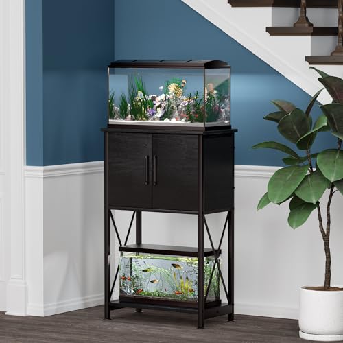 Herture 5-10 Gallon Fish Tank Stand, Metal Double Aquarium Stand with Cabinet for Fish Tank Accessories Storage, Heavy Duty 20.5" L* 11.02" W Tabletop, 500LBS Capacity Black PG06YGB - color: Black, size: 5-10 Gallon