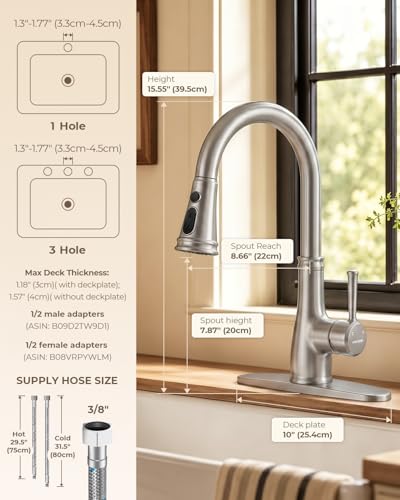 WEWE Vintage Kitchen Faucet with Pull Down Sprayer, Stainless Steel 1 or 3 Hole High Arc Single Handle Antique Sink Faucet for Classic Modern Ktichen, Brushed Nickel Bar & Prep Sinks - color: Brushed Nickel, style: Vintage