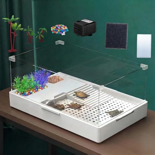Acrylic Turtle Tank Aquarium with Quiet Water Pump, 5 Gallons, 360° View, Easy to Assemble, Durable for Small Turtles & Reptiles - size: XL+Water Pump
