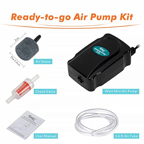 hygger Mini Aquarium Air Pump Kit Small Fish Tank Air Pump 1W for 2-20 Gallon Fish Bowl with Air Tube Air Bubbler Stone Check Valve