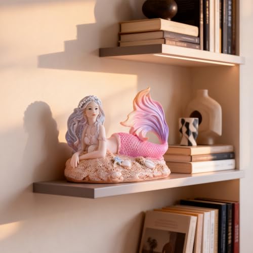 Rayberro 4.33" Mermaid Figurines Resin Pink Mermaid Sculpture Mediterranean Princess Statue Ornaments Home Office Desktop Bookshelf Decor Mermaid Collectible Crafts Fish Tank Aquarium Decoration Gift - color: Pink Beach