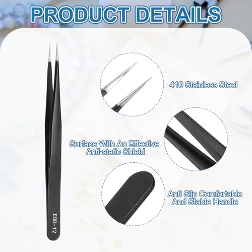 HARFINGTON 3pcs 5.31" Long ESD-12 Anti-static Straight Pointed Tip Tweezers Stainless Steel Round Edge Non-magnetic Precision Tweezers for Various Electronics Precise Repair - size: 5.31"（ESD-12)
