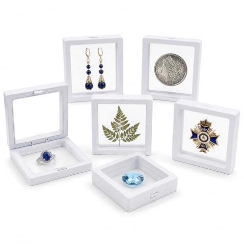 6 Pack 3D Floating Display Case, Freestanding Clear Suspension Frame and Jewelry Holder for Challenge Coins, Enamel Pins, Rocks, Rings and Plant Specimens - color: White, size: 4.3*4.3*0.8