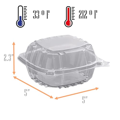 Mr Miracle Clamshell Containers - Clear Disposable Plastic To-Go, Leak-Resistant and Durable for Delivery like Uber Eats, Ideal for Cakes, Salads, Small Sandwich, Personalizable (5" X 5" - 100 Count) - size: 5" X 5" - 100 Count
