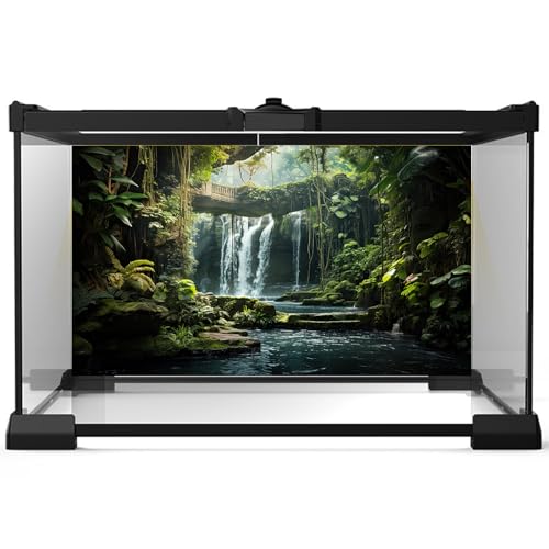 2 Packs Tropical Waterfall Aquarium Background Jungle Rainforest Fish Tank Background Rock Moss Flowing Stream Green Trees Plants Stone Bridge Cascading Falls Reptile Tank Backgrounds Poster 36x18in - color: Dark_Green, size: 36(W)x18(H)inches/ 90(W)*45cm