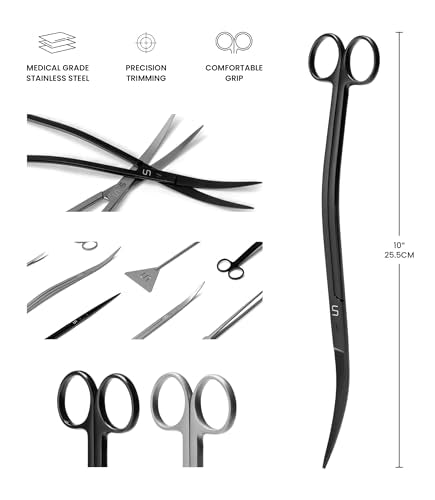 UNS Aquascaping Tools - Stainless Steel, Rust Resistant, Freshwater Planted Tank, Saltwater Reef Aquarium Maintenance Accessory - Trimming Stems & Carpets, Coral Cutting - Wave Scissors, Black - color: Black