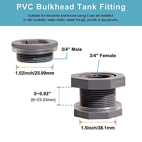 Ququyi 3/4 Inch PVC Bulkhead Water Tank Connector Adapter Fitting with Plugs Thru-Bulk Pipe Fitting for Rain Barrels, Aquariums, Ponds(Set of 1) - size: 3/4"-1pcs