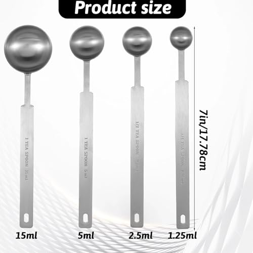 4 Pcs Long Handle Measuring Spoons Set Stainless Steel Measuring Spoon Set Metal Coffee Scoop Tablespoon Teaspoon for Liquid Solid Powder Ingredients (1/4 tsp, 1/2 tsp, 1 tsp, 1 tbsp)
