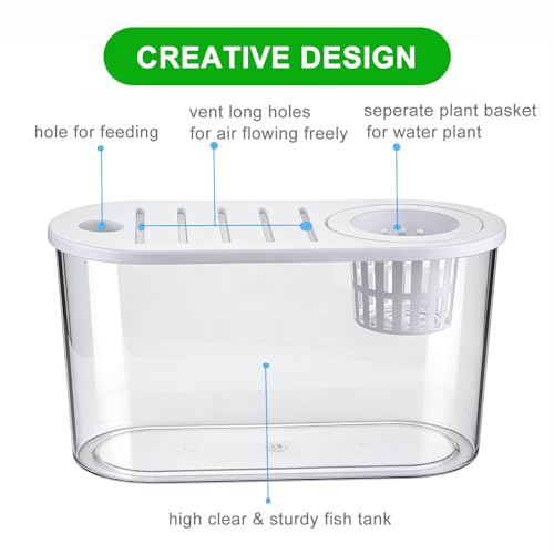 1.2 Gallon Betta Fish Tank, Desktop Aquarium with Lid & Plant Basket, Shatterproof Plastic Fish Bowl for Home Office Dorm Decor