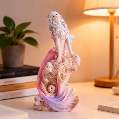 Rayberro 7.48" Mermaid Figurines Resin Pink Mermaid Sculpture Mediterranean Princess Statue Ornaments Home Office Desktop Bookshelf Decor Mermaid Collectible Crafts Fish Tank Aquarium Decoration Gift - color: Pink Hold Hand