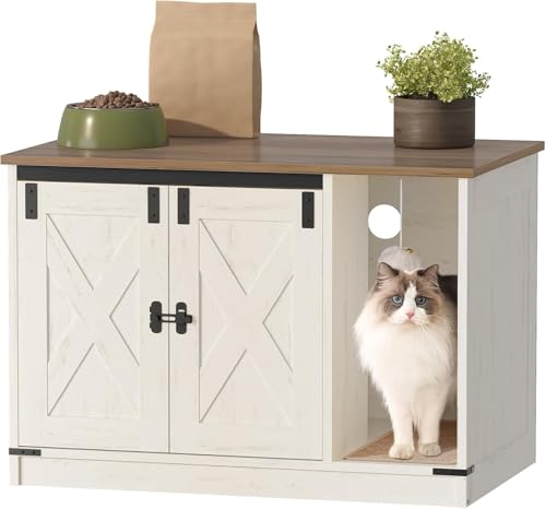 Hzuaneri Cat Litter Box Enclosure, Hidden Litter Box Cabinet Furniture with Bell, Indoor Cats House, Farmhouse Style, 31.5 x 19.7 x 20.9Inches, for Hallway, Bedroom, Rustic Brown and White CB82414X - color: Rustic Brown and White, size: 31.5"L x 19.7"W x