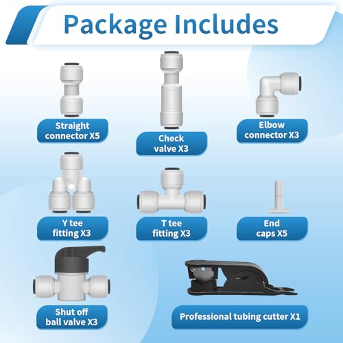 26Pcs 1/4" Quick Connect Water Line Fittings Kit, Push to Connect Fittings (Ball Valve, Check Valve, T, L, Y, I & Professional Tubing Cutter) for RO/DI, Refrigerator, Ice Maker