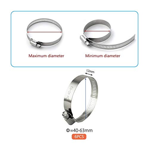 ZIPCCI Hose Clamp, 2 Inch Stainless Steel Worm Gear fuel line clamps for Water Pipe, Automotive and Mechanical Application, 40-63mm (10 Pack) - size: 40-63mm