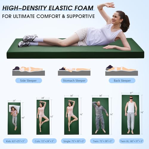 CYMULA 3 Inch Memory Foam Camping Pad, Camping Essentials Roll Up Floor Mat for Car Camping, Cot, Tent, Truck, Travel and Guest Use, Non-Slip Waterproof Bottom, Removable Cover - color: DARK GREEN, size: Cot:72*24*3
