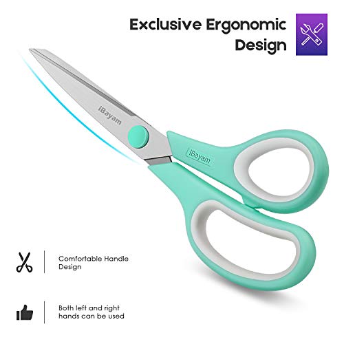 Scissors, iBayam 8" All Purpose Scissors Bulk 3-Pack, Ultra Sharp 2.5mm Thick Blade Shears Comfort-Grip for Office Desk Accessories Sewing Fabric Home Craft Teacher School Supplies, Right/Left Handed - color: Mint, Grey, Purple, size: 3-Pack