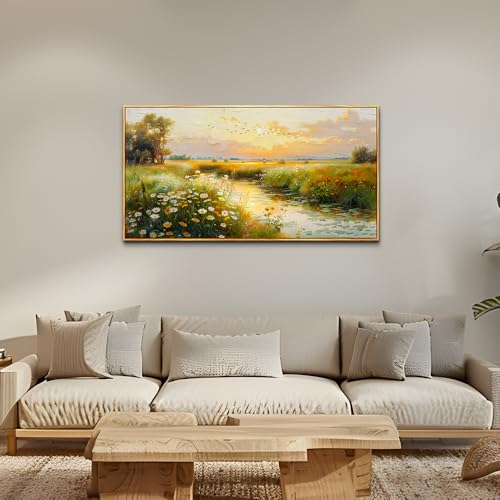 ZUITINGHUA Wood Framed Canvas Wall Art For Living Room Wall Decor For Bedroom Office Wall Decoration Pastoral Scenery Painting Water edge Pictures Artwork Room Aesthetic Home Decor 20x40 In - color: Pastoral Wood Framed 2, size: 40"L x 20"W