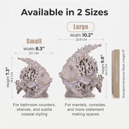9.84'' Ocean Coral Fish Sculpture - Resin Coastal Fish Figurine with Coral Backdrop, Ocean Blue & Sandy Beige Finish - Nautical Tabletop Accent for Living Room, Beach House & Bathroom Decor - color: Antique White, size: Large