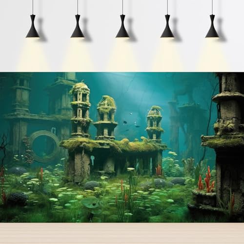 Underwater Scene Fish Tank Background Sunken Ancient City Ruins Aquarium Background Submerged City Sea Plants Lush Moss Terrarium Backgrounds Coral Reef Reptile Tank Enclosure Backgrounds 24x12in - color: Green_Light Blue, size: 24(W)x12(H)in