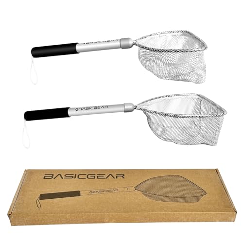 BasicGear Compact Baitwell Net for Live Bait – Soft Nylon Mesh, Aluminum Frame, EVA Non-Slip Grip & Anti-Drop Rope - size: Small + Medium