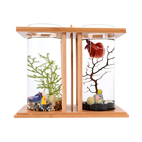 Dual Chamber Bamboo Desktop Aquarium - Mini Betta Fish Tank with LED Light, 360° View Glass Tanks for Goldfish or Small Fish, Home Office Decor