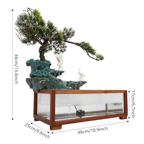 Tabletop Fountain Elegant Indoor Crane Water Fountain w/Fish Tank & Atomizer, Desktop Decoration with LED, Fake Plants Feng Shui Decor for Office Home