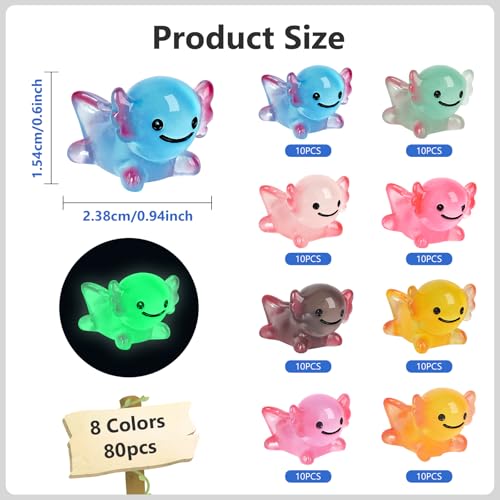 Mini Axolotl Figurines, 80 Pack Miniature Axolotl Figurine Luminous Resin Animal Charm Ornament for Fairy Garden Bonsai Miniature Landscape Desktop Dollhouse