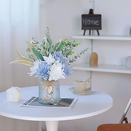 Faux Flowers with Vase,Artificial Silk Flowers in Vase, Fake Plant Eucalyptus and Willow,Flower Arrangement for Home Farmhouse Dining Table Centerpiece Decorations Coffee Table Decor (Dusty Blue)