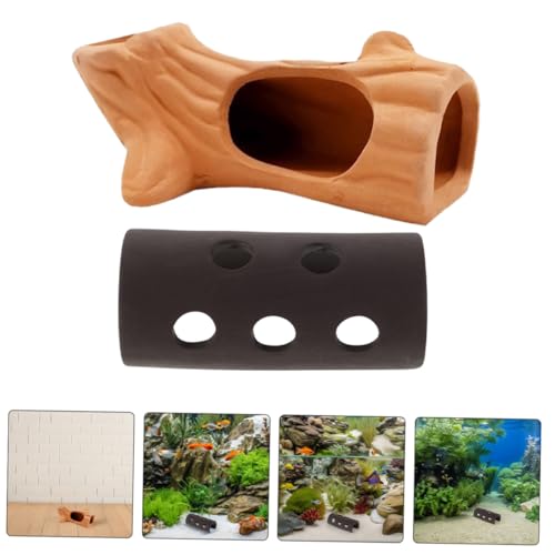 VOSAREA 2pcs Aquarium Breeding Cave and Shrimp Shelter Ceramic Fish Tank Decorative Shelter Red Clay Tree Stump Design, Small Betta Fish and Shrimp Hiding Hideout for Freshwater Aquatic