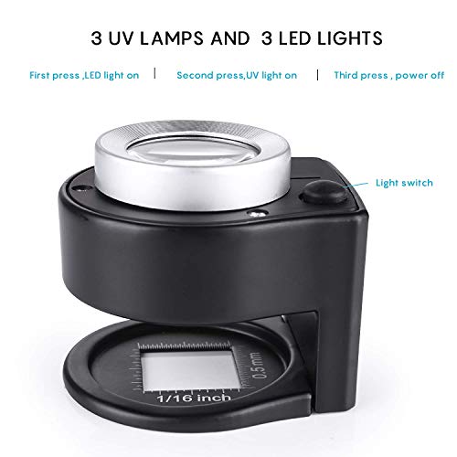 30X Loupe Magnifier with 6 Light, Desktop Portable Metal Magnifier Folding Scale Sewing Magnifying Glass for Textile Optical Jewelry Tool Coins Currency (Black) - color: Black