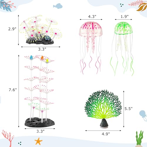 Lpraer 5 Packs Glow Aquarium Decorations Branch Coral Tree Glowing Jellyfish Simulation Glow Plant Glowing Effect Silicone for Fish Tank Decorations - color: 5 Pcs(branch Coral+coral Tree+coral And+2x Jellyfish)
