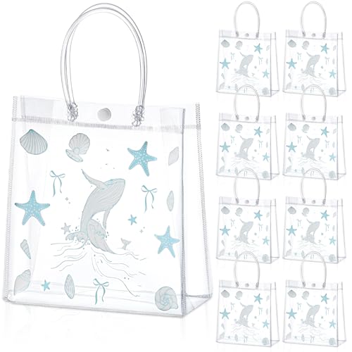 Hlimior 24 Pcs Beach Party Favor Ocean Seashell Gift Bags Starfish Clear PVC Gift Bags with Handles Reusable Candy Treat Tote Summer Shell Goodie Bags for Birthday Party Supplies