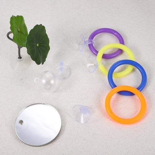 6 PCS Betta Fish Toys, 4 Exercise Training Ring 1 Fish Mirror with Ball and 1 Resting Leaf for Small Medium Stress-Free Fishes Bettas Aquarium, Multicolor