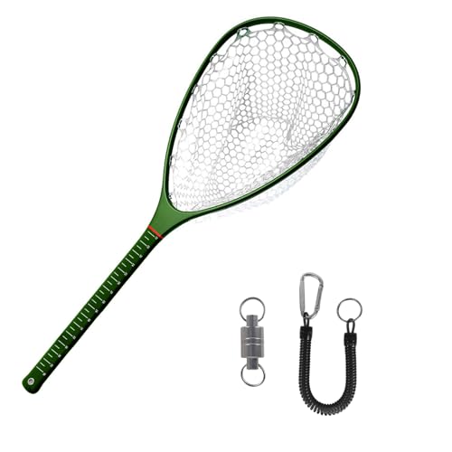 Aventik Fly Floating Fishing Net Carbon Fiber Landing Trout Net Light Weight Clear Rubber Ghost Net Catch & Release - color: Long handle green with magnetic release