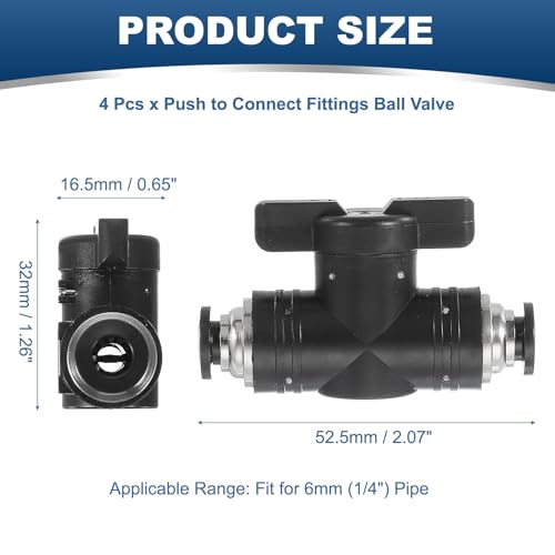 PATIKIL 6mm (1/4") Push to Connect Fittings Ball Valve, 4 Pcs 0-60 Degree BUC Air Flow Control Valve Quick Straight Connectors Air Hose Fitting for Pneumatic System Pipeline, Black - size: 6mm (1/4")