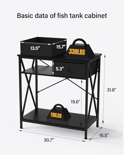 Fish Tank Stand for 20-29 Gallon Fish Tank: Aquarium Stand with Accessories Storage, Metal Tank Table with Drawer Perfect for Turtle Reptile Terrarium, 30.7'' L x 16.5'' W, 330 LBS Capacity
