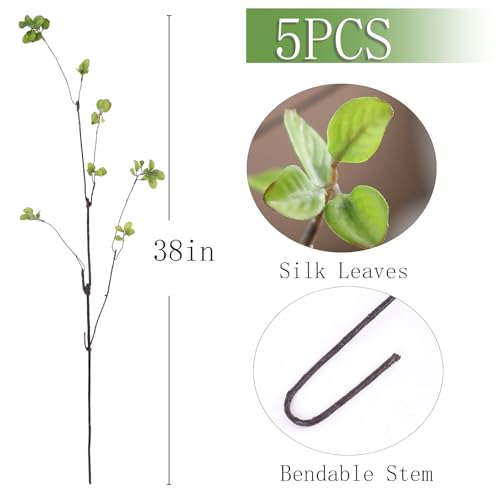 mizii 5pcs Artificial Greenery Stems 38in Realistic Faux Ficus Branches Long Stem with Green Leaves Fake Plants Eucalyptus Stems Greenery Decoration for Vase Table Room Home Indoor Decor (Green) - color: Green