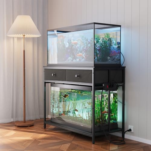 VOWNER 40 Gallon Aquarium Stand with Power Outlet, Metal Frame Fish Tank Stand with Cabinet Storage, Double Turtle Reptile Terrariums Tank Stand, 39.4" L*18.9" W Tabletop, 660LBS Capacity, Black - color: Black