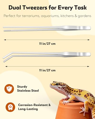 Pawfly 2 Pack Long Tweezers, 11" Reptile Feeding Tweezers, Straight & Curved Reptile Feeding Tongs, Stainless Steel Reptile Tongs, Safe Feeder Tool for Lizard, Bearded Dragon, Gecko & Snake