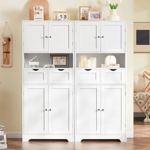 TEENFON 57.8" H Tall Bathroom Storage Cabinet with 4 Doors & 2 Adjustable Shelves, Freestanding Bathroom Cabinet with 2 Drawers, Kitchen Cabinets & Pantry, Cupboard for Kitchen, Dining Room, White - color: White 2 Drawers