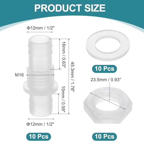 uxcell 10Pcs Plastic Hose Barb Fitting, 1/2" x 1/2" Bulkhead Adapter Union Splicer Mender Pipe Connector with M16 Nut and Washer for Aquarium Air Water Fuel - size: 1/2" x 1/2", M16 Nut