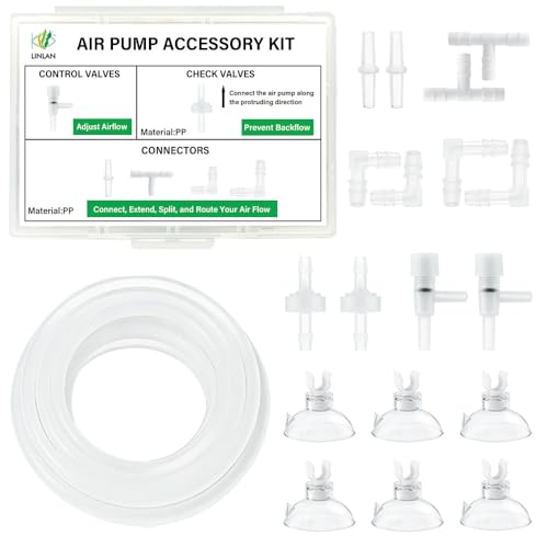 LINLAN 10 Feet 3/16''Silicone Airline Tubing with Storage Box, Aquarium Air Pump Accessory Kit, 2 Check Valves, 2 Control Valves, 8 Connectors, 6 Suction Cups, for Fish Tank - size: 10 Feet Air Tubing