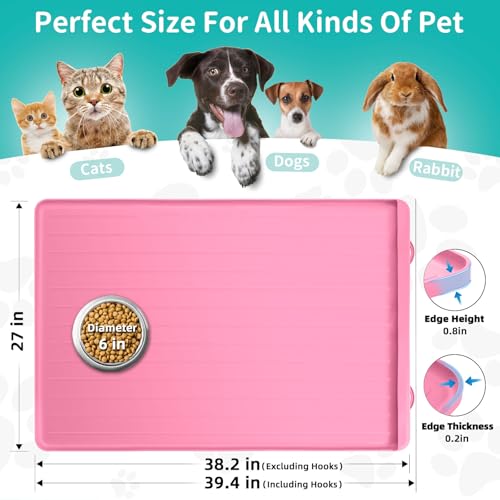 Dog Mat for Food and Water - 39.4" x 27" Large Pet Feeding Mats with Residue Collection Pocket - Waterproof Dog Cat Bowl Mat with High Edges to Prevent Water and Food Spills (Pink, 39.4''x27'') - color: Pink