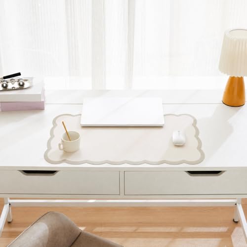 Scalloped Desk Mat, 23.6" x 11.8" Cute Small Beige Sand Aesthetic Desk Accessories, PU Leather Computer Laptop Desk Mouse Keyboard Pad, Desk Writing Mat for Vanity/Work/Home Decor - color: Beige, size: 23.6" x 11.8"