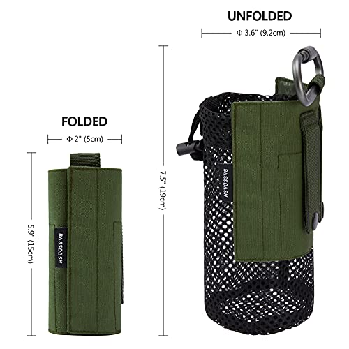 BASSDASH Tactical Molle Water Bottle Pouch with Carabiner Foldable Mesh Holder Bag for Travel Fishing Hunting Hiking Outdoor Activities - color: Army Green with Molle Straps
