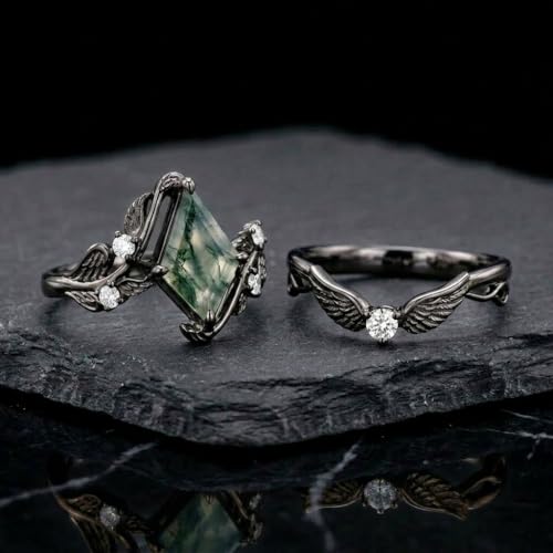 Natural Moss Agate Engagement Ring Set for Women, Unique Genuine Moss Agate Ring, 925 Sterling Silver 10K 14K 18K Solid Gold Nature Inspired Bridal Set, Boho Wedding Jewelry Gift - color: Eight